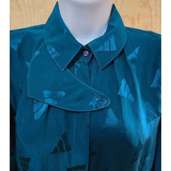 Vintage Teal Blouse Abstract Patterns & Unique Collar Design old money Elegant - Picture 5 of 8